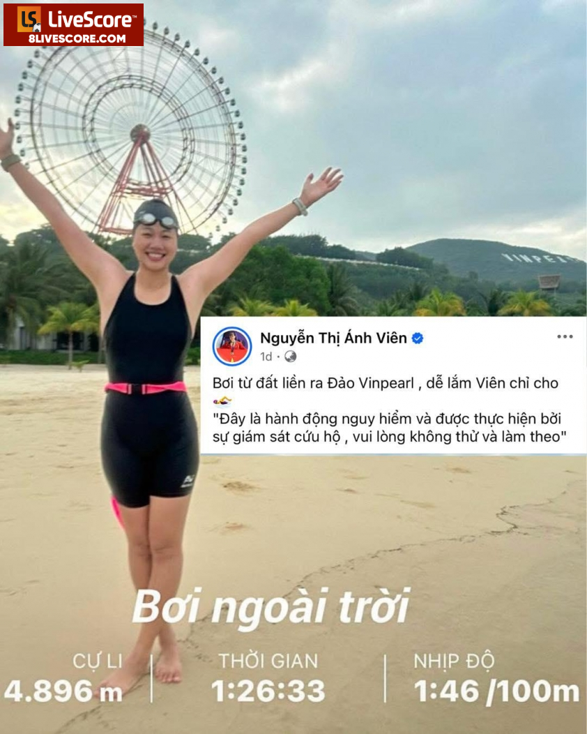 Ánh Viên bơi từ đất liền ra đảo (Ảnh: FBNV) Ánh Viên bơi từ đất liền ra đảo (Ảnh: FBNV)